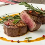 Delicious beef medallions garnished with rosemary and served with pan juices.