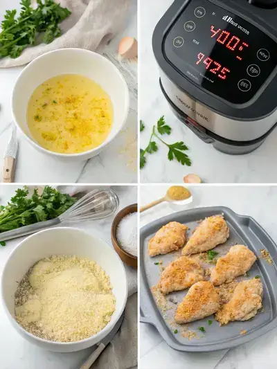 Four-step process of preparing air fryer parmesan crusted chicken, showcasing preheating air fryer, egg wash, coating mixture, and coated chicken pieces.