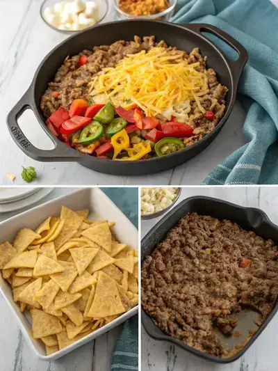 Step-by-step preparation of COWBOY CASSEROLE, including sautéing vegetables, browning beef, and layering ingredients.