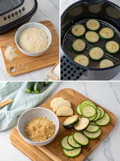 Step-by-step preparation of Crispy Air-Fried Zucchini Chips, showcasing preheating the air fryer, slicing zucchinis, mixing the coating, and arranging the zucchini in the air fryer.