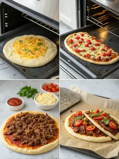 Step-by-step preparation of TACO PIZZA, showcasing the oven, cooked beef, rolled-out dough, and assembled pizza with fresh toppings.