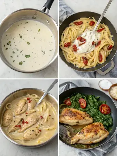 Step-by-step preparation of Tuscan chicken pasta, showcasing cooking pasta, seasoned chicken in a skillet, sautéing garlic and tomatoes, and making a creamy sauce with spinach.