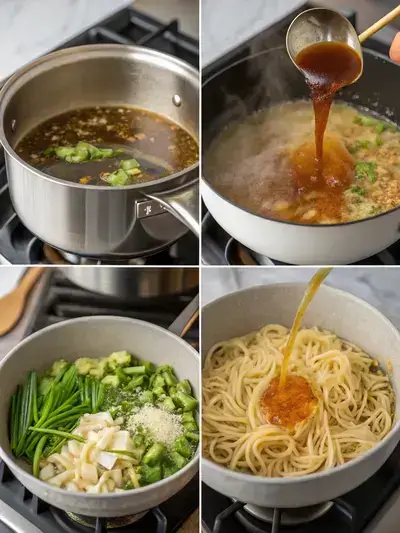 A visual exploration of the Ramen preparation process, illustrating the cooking stages in four distinct segments.
