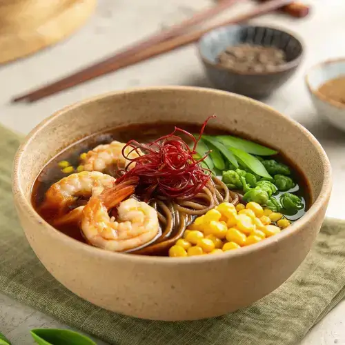 A beautifully arranged bowl of ramen soup with shrimp and vegetables, viewed from above with a blurred background.