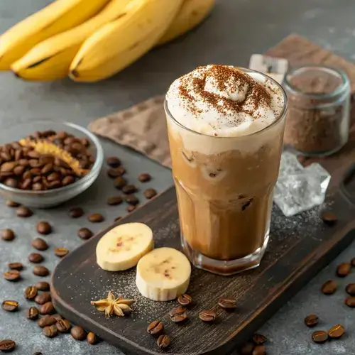 Frothy Banana Coffee in a glass with banana slices and coffee beans in the background.
