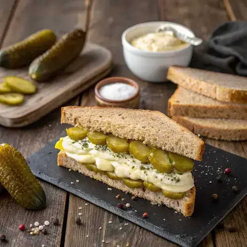 Close-up of a pickle sandwich with butter and mayonnaise, garnished with salt and pepper.