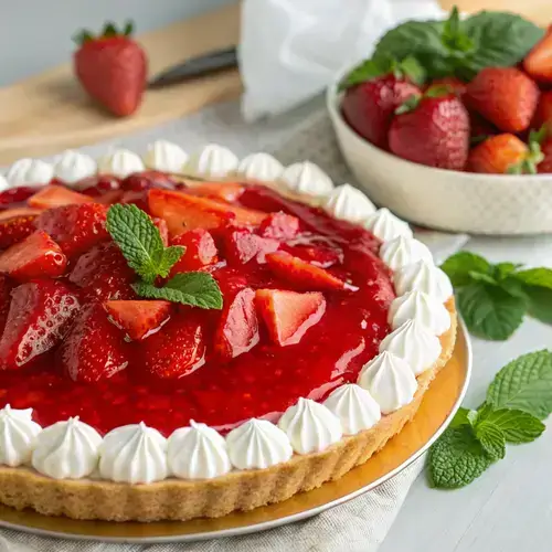 Strawberry Jello Pie garnished with mint leaves and whipped cream.