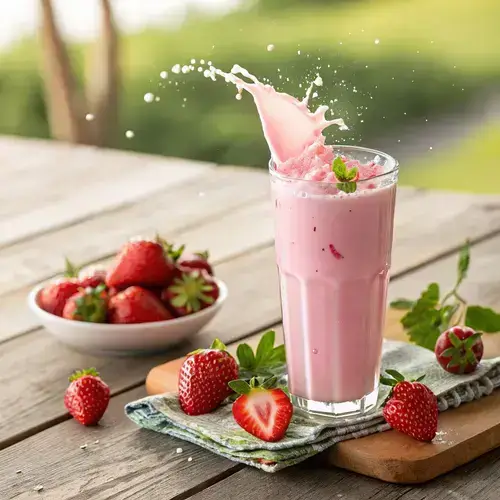 Strawberry milk served in a glass with strawberries and milk splashes.