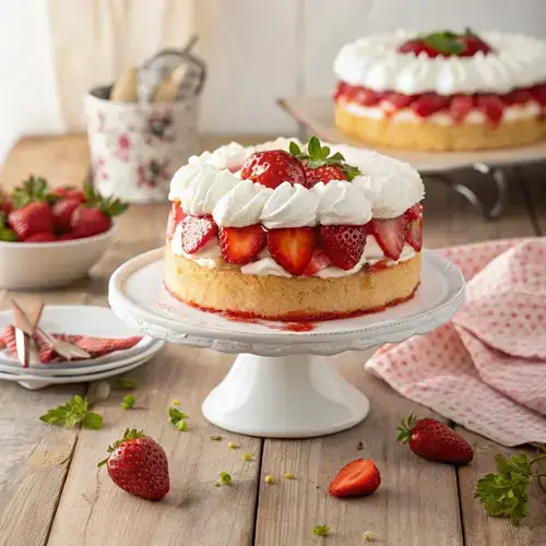 Slice of Strawberry Shortcake Poke Cake with strawberries and whipped cream.