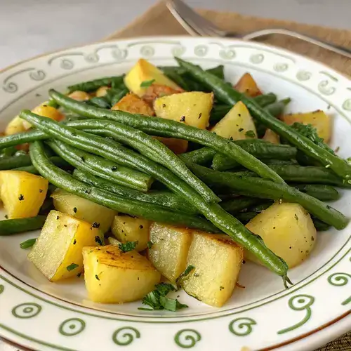 Photorealistic image of roasted green beans and crispy yellow potatoes on a decorative plate with a blurred kitchen background.