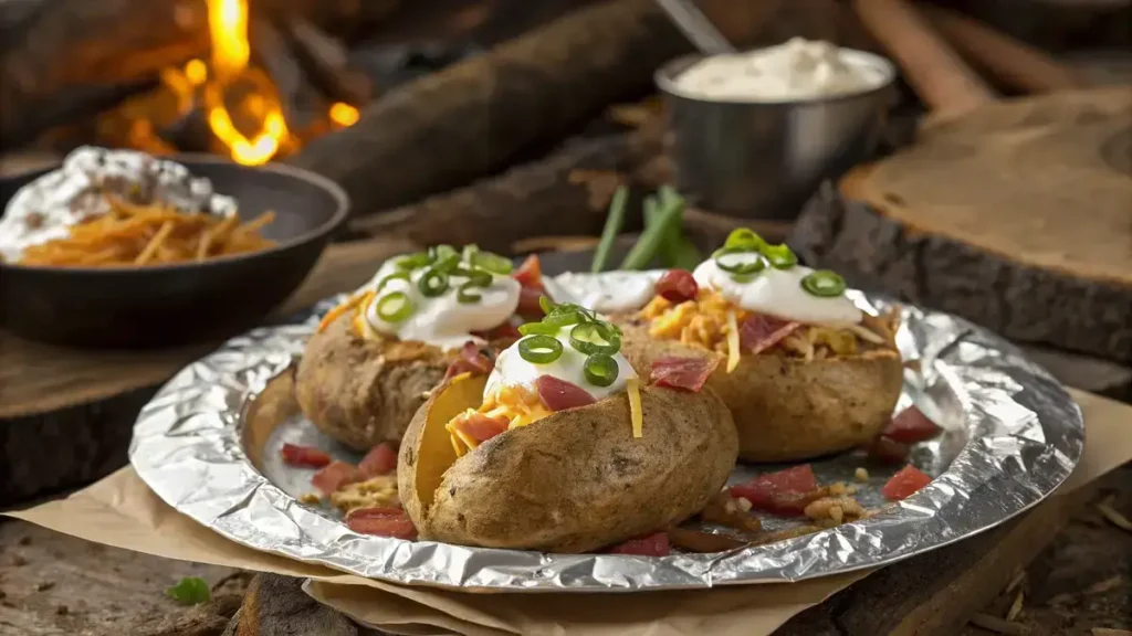 Delicious CAMPFIRE POTATOES wrapped in foil, stuffed with bacon and cheese, served with sour cream and green onions.
