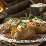Delicious CAMPFIRE POTATOES wrapped in foil, stuffed with bacon and cheese, served with sour cream and green onions.