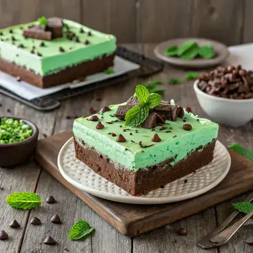 Slice of CHOCOLATE MINT POKE CAKE on a plate, garnished with mint candies.