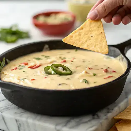 Close-up of a dark cast-iron skillet filled with chipotle queso and a hand holding a tortilla chip.