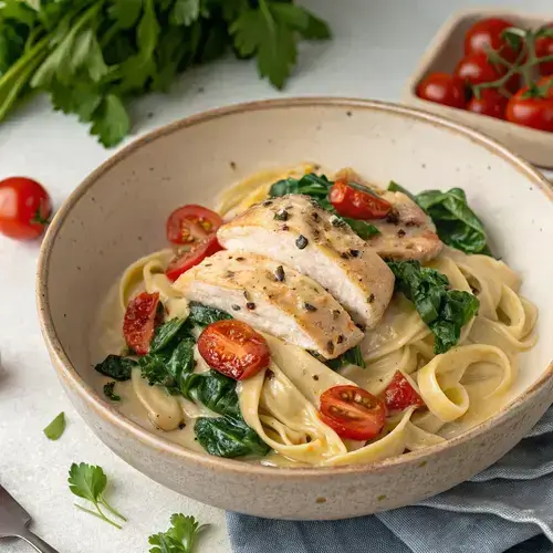 Plate of Tuscan Chicken Pasta garnished with parsley and cherry tomatoes.