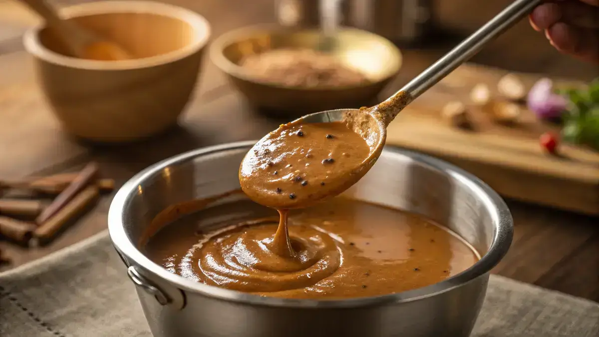 A metallic ladle scooping creamy peanut sauce from a stainless steel pot, with a warm kitchen background.