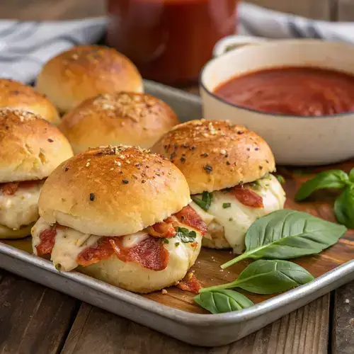 A serving of pizza sliders on a wooden board with marinara sauce.