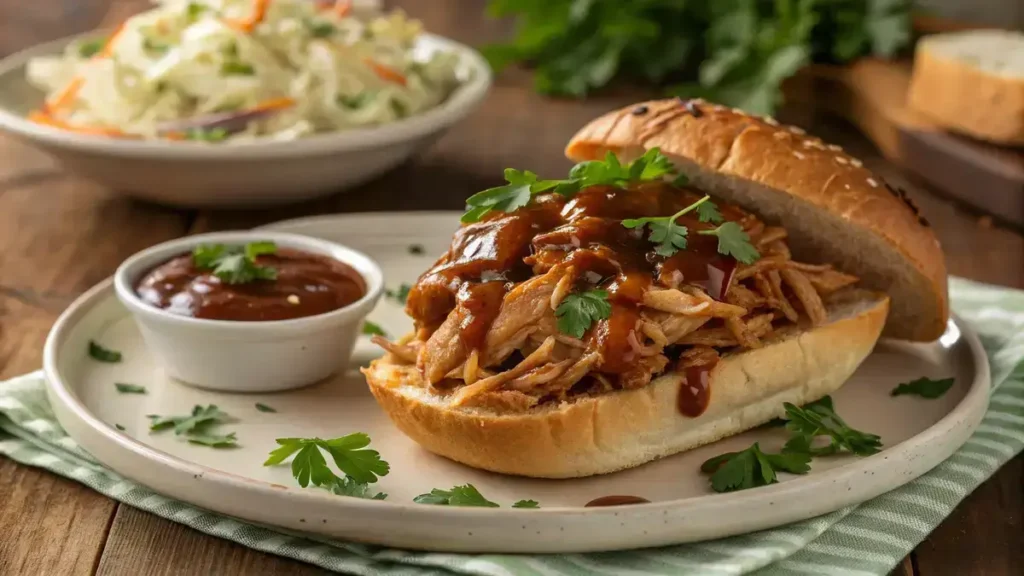 Delicious Slow Cooker BBQ Chicken served on a bun with parsley garnish and coleslaw.
