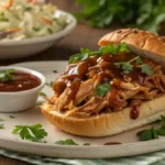 Delicious Slow Cooker BBQ Chicken served on a bun with parsley garnish and coleslaw.