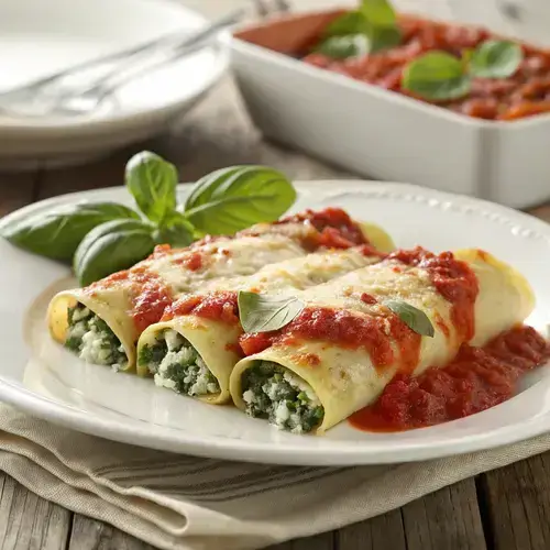 A beautifully arranged plate of cannelloni pasta filled with spinach and ricotta, drizzled with marinara sauce and topped with melted cheese.