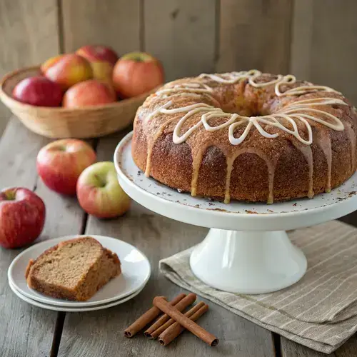 A slice of APPLE CIDER DOUGHNUT CAKE on a plate, showcasing its moist texture and cinnamon topping.