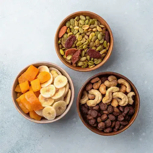 Three bowls of homemade trail mix snacks with a blurred background.