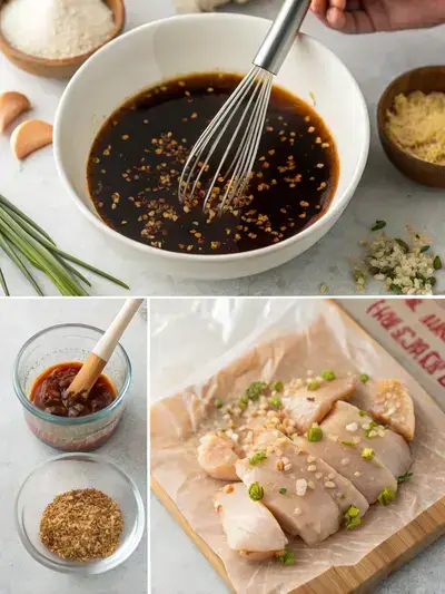 Step-by-step process of making an asian marinade for chicken, including whisking ingredients, adding flavor boosters, marinating chicken, and grilling.