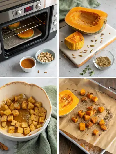 Step-by-step preparation of autumn frost squash recipe, showcasing preheating the oven, preparing the squash, seasoning, and arranging on a baking sheet.