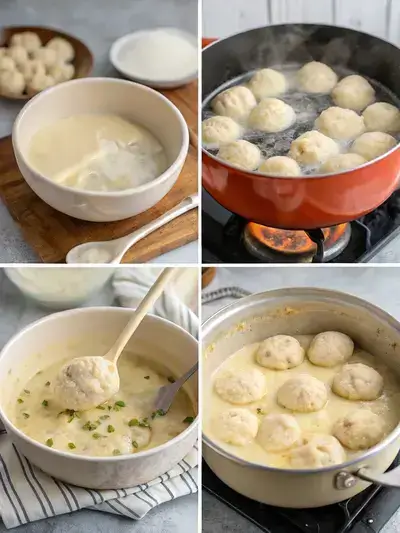 Four-step visual guide to making bisquick dumplings, showing mixing dough, simmering broth, dropping dumplings, and cooking covered pot.