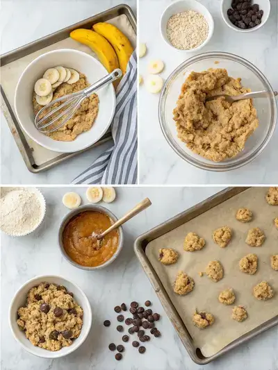 Step-by-step process of making Breakfast Cookies, including preheating the oven, mashing bananas, mixing ingredients, and baking cookies.
