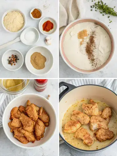 Four-step visual guide to preparing Broasted Chicken, showcasing marination, coating, frying, and draining.