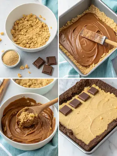 A step-by-step visual guide for making buckeye bars, showcasing the crust preparation, peanut butter filling, and chocolate topping.