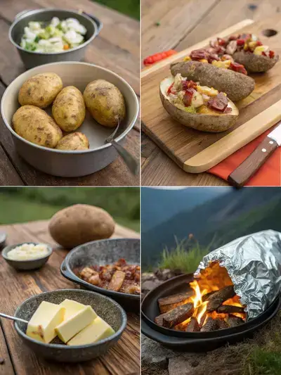 Four-step process of making CAMPFIRE POTATOES, including washing, slicing, stuffing, and cooking over a campfire.