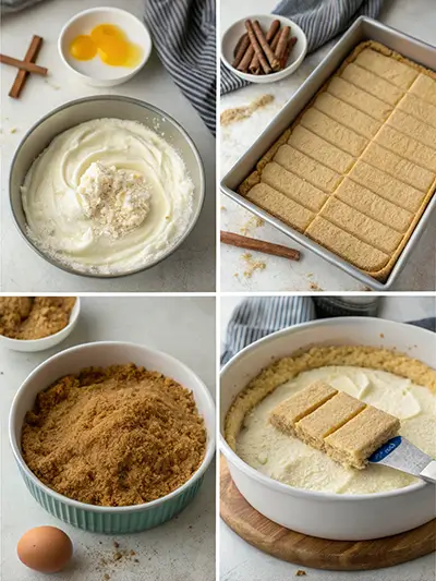 Four-photo collage showing the process of preparing churro cheesecake: mixing creamy filling, lining pan with ladyfingers, blending graham cracker crumbs, and layering crust over cheesecake.