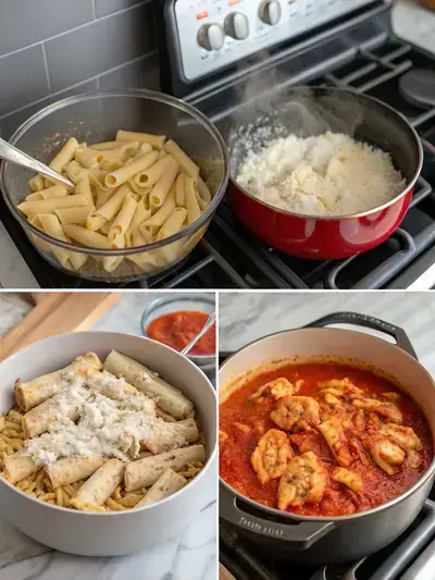 A step-by-step visual guide to preparing Chicken Baked Ziti, showcasing the cooking process from preheating the oven to mixing ingredients and preparing for baking.