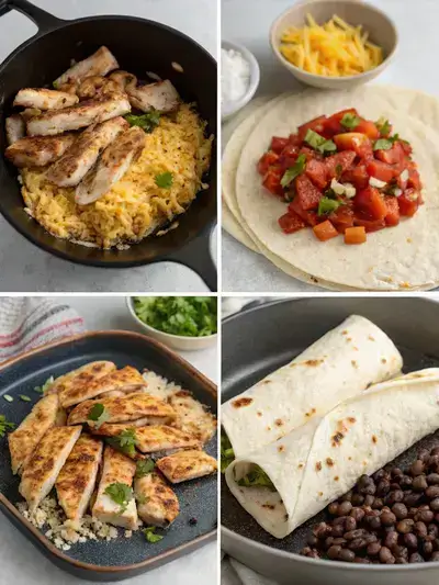 Step-by-step preparation of a chicken burrito recipe, showcasing seasoned chicken, cooking process, filling ingredients, and final presentation.