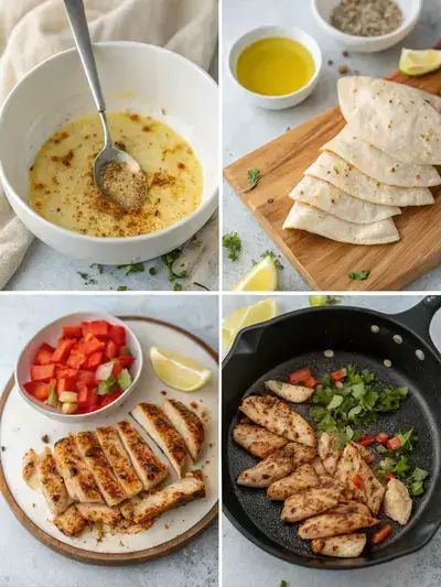 Step-by-step preparation of a chicken shawarma wrap, showcasing marinade, marinated chicken, cooking process, and assembly.