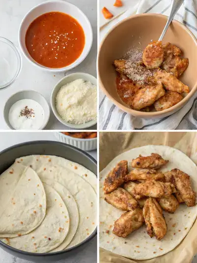 A step-by-step visual guide to making a chicken wing wrap, showcasing the preparation of chicken, tossing with sauce, warming tortillas, and assembling the wrap with fresh ingredients.