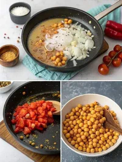 Step-by-step preparation of chickpea curry, including heating oil, sautéing onions, adding garlic and ginger, and mixing in spices and chickpeas.
