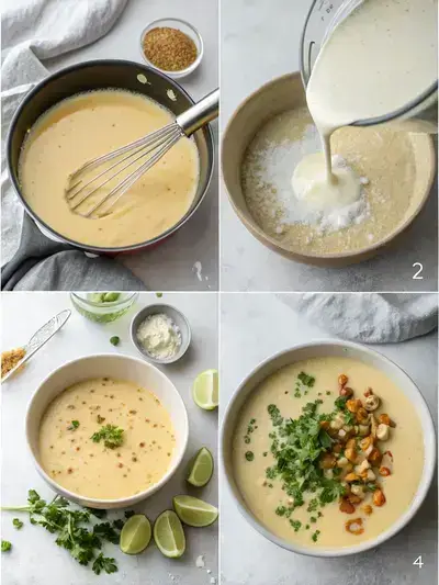 A collage of images showing the preparation steps for chipotle queso, including melted butter, whisking in flour, pouring milk, and the final creamy dip.