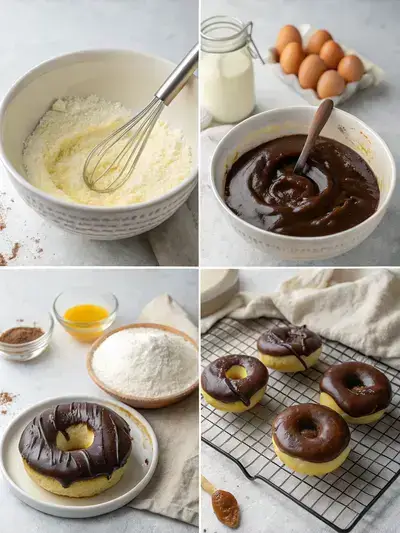 Step-by-step process of making chocolate glazed donuts, including mixing dry and wet ingredients, combining them, and preparing to fry.