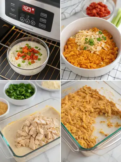 A step-by-step visual guide for making Doritos Chicken Casserole, showcasing the preparation process in four sections.