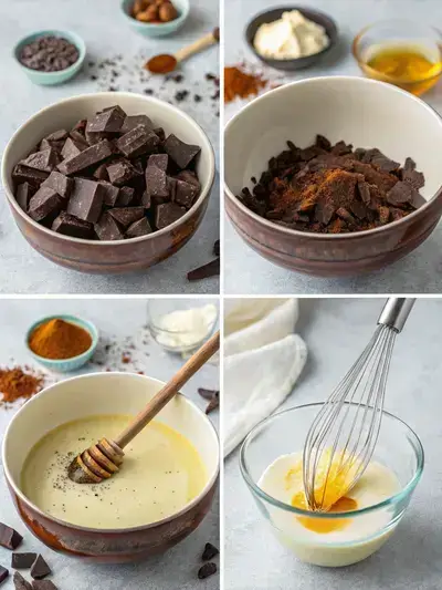 Four-step process of making Dubai chocolate, showcasing chopped chocolate, simmering cream, flavorings, and mixing.
