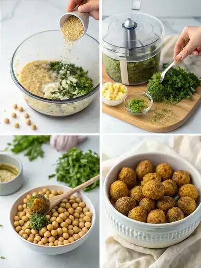 A step-by-step visual guide to making a Falafel Bowl, showcasing soaked chickpeas, blended ingredients, shaped falafel balls, frying process, and a finished bowl with fresh vegetables and tahini sauce.