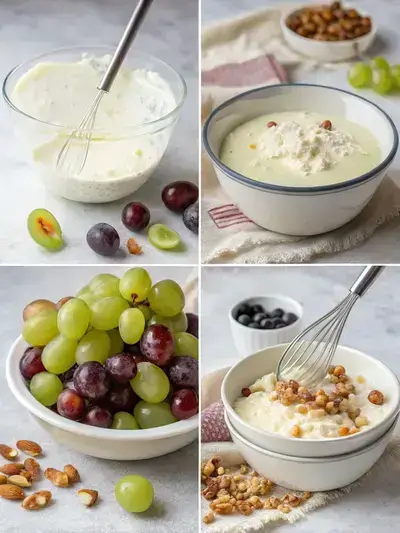 A step-by-step visual guide to making Grape Salad, showcasing the creamy mixture, halved grapes, topped salad, and chilling process.