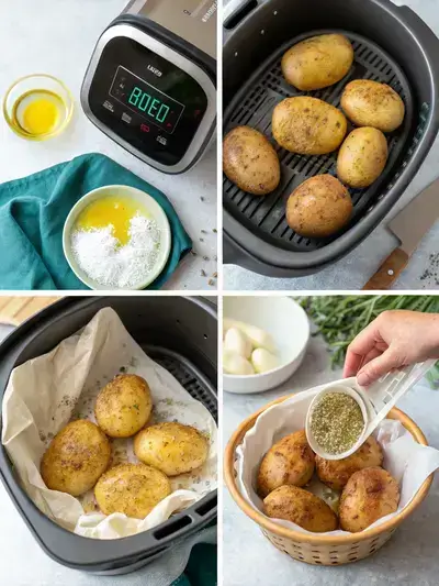 Step-by-step process of making AIR FRYER BAKED POTATO, including preheating the air fryer, preparing and seasoning the potatoes, and arranging them in the air fryer basket.