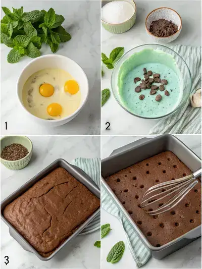 Step-by-step process of making CHOCOLATE MINT POKE CAKE, including mixing ingredients, baking, and preparing the cake for filling.