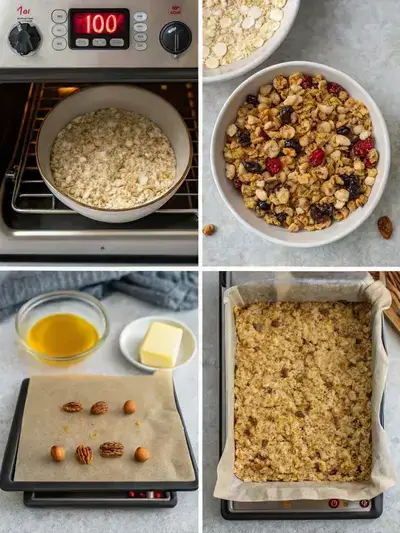 Step-by-step process of making Homemade Granola Bars, showcasing mixing dry ingredients, preparing wet mixture, and pressing into a baking pan.
