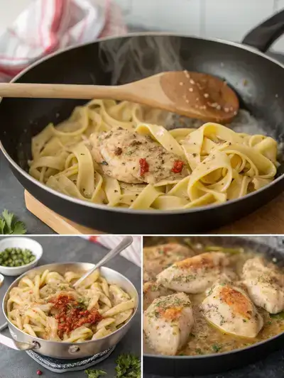 A step-by-step visual guide to preparing marry me chicken pasta, showcasing cooking pasta, sautéing chicken, and the final dish garnished with basil and Parmesan.