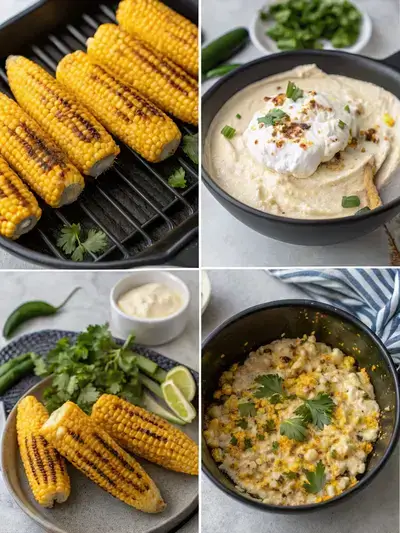 A step-by-step visual guide to making Mexican Street Corn Dip, showcasing grilling corn, mixing ingredients, folding in toppings, and serving the dip with tortilla chips.